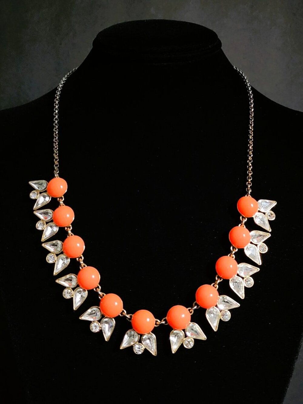 J. Crew Coral / Orange & Crystal Bauble Floral Statement Bib Necklace Gold Tone